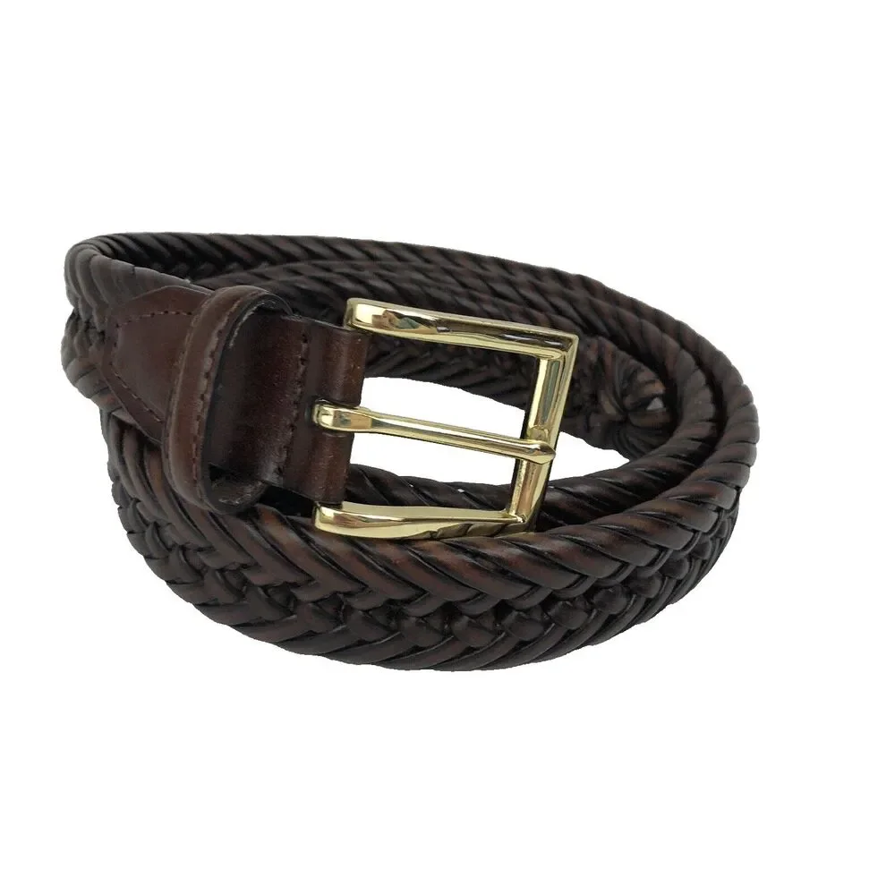 Men's Brown Leather Belt Woven Braided Size 42 Gold Buckle AGE